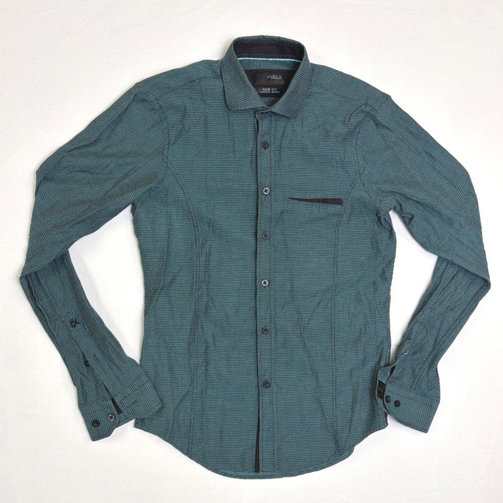 Eight X Buckle Premium Mens Slim Fit Button Down Shirt Teal Black Pattern Small